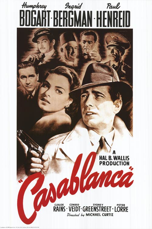 The movie poster for Casablanca, depicting several faces and a man in a trench coat and fedora holding a pistol.