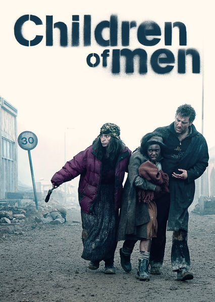 The movie poster for Children of Men, depicting a middle-aged white man, a middle-aged Romani woman, and a young black woman.