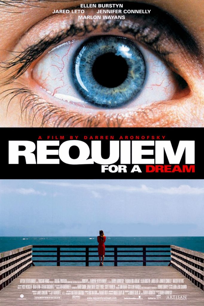 The movie poster for Requiem for a Dream, featuring a blue eye with a heavily dilated pupil and a woman in a red dress standing on a pier.