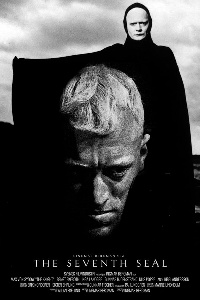 The movie poster for The Seventh Seal, showing a shadowy hooded figure and the bowed head of a man.